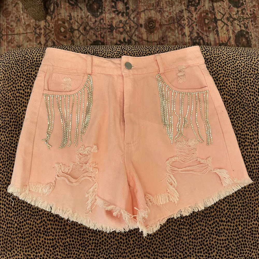Rhinestone fringe denim shorts